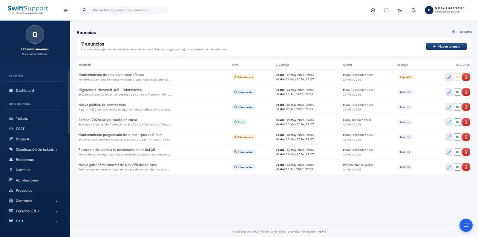 List of announcements with type, validity, author and status