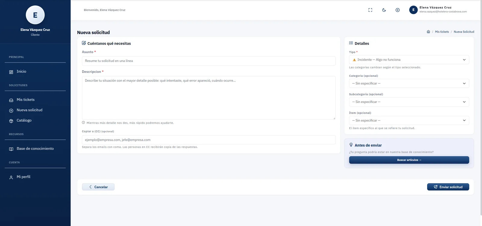 New request form in the portal with type, category and suggested articles